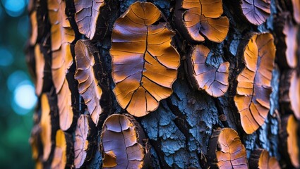Poster - Intricate close-up of vibrant tree bark showing detailed textures and patterns in warm hues of orange and brown. Nature's artistry captured.