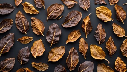 Poster - dried tobacco leaves arranged artistically on a dark surface showcasing textures and colors of nicot