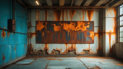Poster - Rusty industrial wall with vibrant orange oxidation and peeling blue paint in an abandoned warehouse setting.