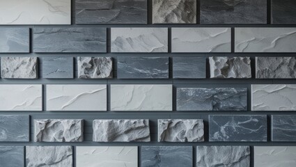 Poster - Textured gray and white artificial stone wall design for modern interior decor showcasing intricate patterns and stylish aesthetics.