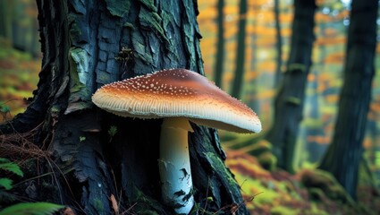Poster - Mushroom growing on a tree trunk showcasing detailed texture in a serene forest environment during autumn hues.