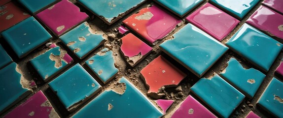 Poster - Worn out colorful ceramic tiles with missing pieces creating a textured surface pattern in an abstract design.