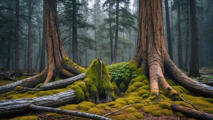 Poster - Majestic trees with moss-covered roots in a serene forest, showcasing the beauty of nature in a winter landscape.