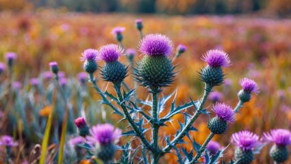 Poster - Thistle Flowers Blooming in Autumn Meadow with Vibrant Colors and Soft Focus Background Perfect for Seasonal Text Integration
