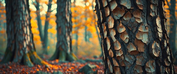 Poster - Detailed close-up of intricate tree bark texture in a serene autumn forest setting with vibrant orange foliage and blurred background.
