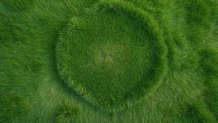 Poster - Aerial View of Lush Green Grass Surface with Circular Pattern and Empty Space for Text or Graphics