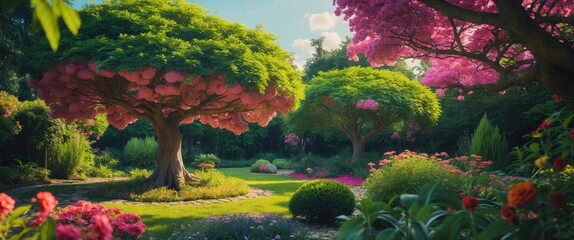 Poster - Vibrant Blossoming Trees in a Lush Garden with Ample Space for Text Overlay and Desired Natural Backdrop