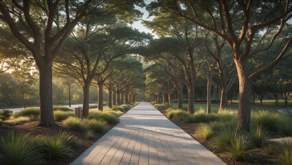 Poster - Serene Tree-Lined Paved Walking Trail Surrounded by Lush Greenery and Soft Morning Light
