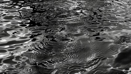 Poster - Abstract monochrome water surface with ripples creating dynamic patterns under sunlight reflecting a serene summer atmosphere.