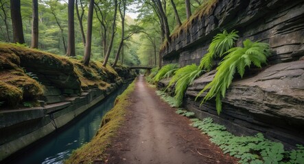 Poster - Tranquil forest pathway beside a water canal with lush ferns and rocky walls inviting exploration and reflection in nature's serenity.
