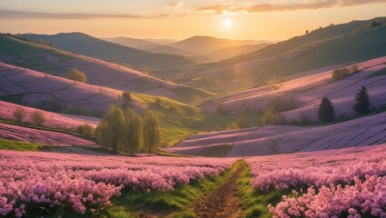 Poster - Stunning Sunrise Over Blooming Hills with Vibrant Pink Flowers and Soft Sunlight Creating a Picturesque Landscape in Tranquil Nature.
