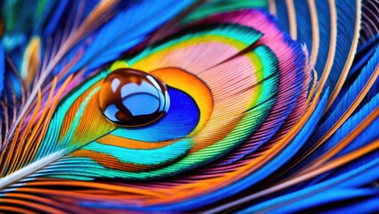 Wall Mural - close up of a vibrant peacock feather adorned with a water drop showcasing intricate colors and text
