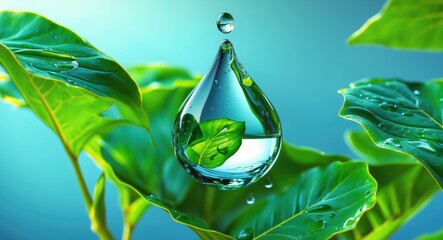 Poster - Pure water droplet resting on vibrant green leaves symbolizing nature's freshness and purity with soft blurred background.