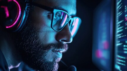 Focused gamer with headphones and glowing screen elements.