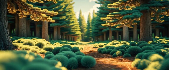 Poster - Lush pine forest landscape with vibrant green textures under a sunny summer sky showcasing nature's serene beauty and tranquility.
