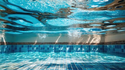 Poster - Bright blue water surface in a swimming pool, showcasing beautiful translucent reflections and patterns created by the tiles below.