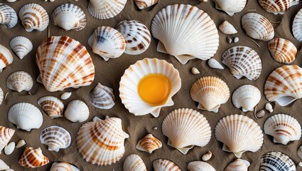 Poster - Assorted Seashells on Beach Sand Creating a Serene Summer Aesthetic with a Focus on Nature's Marine Treasures and Textures
