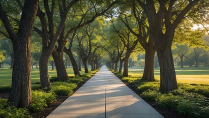 Poster - Lush Tree-Lined Pathway Inviting Strolls Through Scenic Green Park Setting