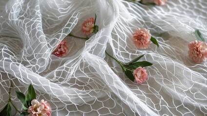 Poster - Delicate white silk mesh texture with floral accents creating a soft and elegant backdrop for accessories and floral arrangements.