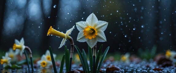 Poster - Delicate Daffodil Flower with Raindrops Against Dark Background and Copy Space for Text in Spring Atmosphere