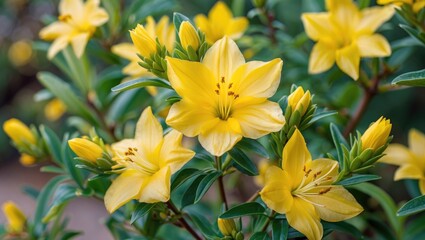 Poster - Vibrant yellow flowers of the Golden Thryallis plant showcasing its ornamental beauty and year-round blooming nature in a selective focus shot.