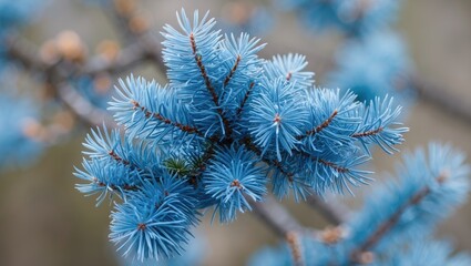 Poster - Close-up view of vibrant blue spruce branches on a spring day with a blurred background highlighting the conifer's fluffy texture.