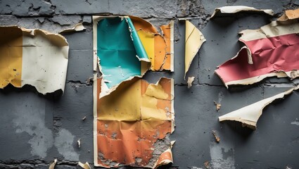 Poster - Tattered Colorful Paper Layers on Urban Gray Wall Surface Artistic Distress Texture for Mixed Media Collage Backgrounds and Designs