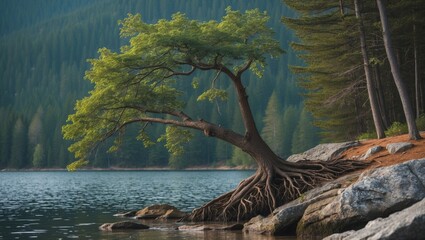 Poster - Majestic Tree with Exposed Roots on Rocky Lakeshore Surrounded by Dense Forest under Gentle Light