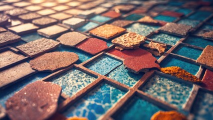 Poster - Colorful textured ceramic tile floor background showcasing diverse patterns ideal for advertising ceramics, building services, and interior design.