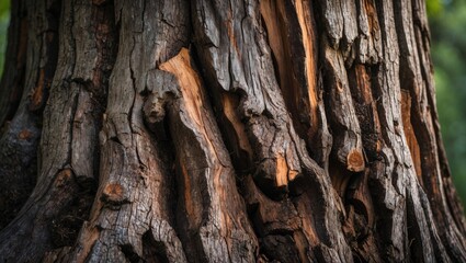 Wall Mural - detailed close-up of a textured tree trunk showcasing the intricate patterns and natural colors of w