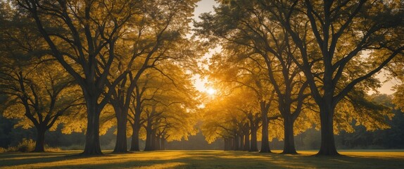 Poster - Sunlit Trees in Autumn Creating a Tranquil Landscape with Space for Text Overlay
