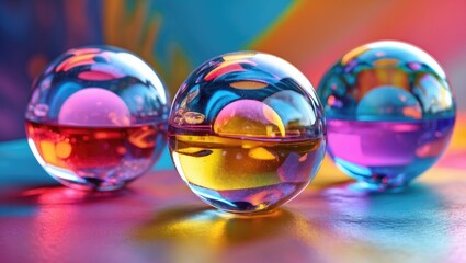 Poster - Three colorful transparent marbles against a vibrant artistic background showcasing reflections and light effects.