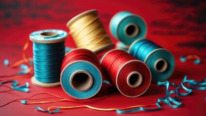 Poster - Colorful thread spools on vibrant red background with decorative ribbons creating an artistic and dynamic sewing or crafting theme.
