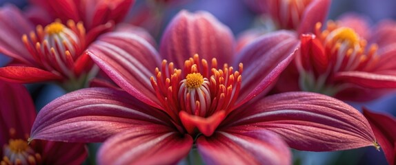 Poster - Macro shot of a vibrant red flower bloom with intricate details and soft focus, featuring ample empty space for text overlay.