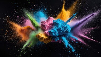 Poster - Vibrant explosion of multicolored powder against a black background showcasing dynamic movement and artistic texture in abstract photography.
