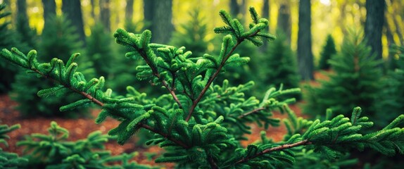 Poster - Close-up of lush green Christmas tree branches in a vibrant forest showcasing the beauty of evergreen foliage and natural surroundings.
