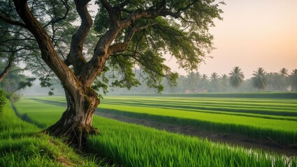 Poster - Lush Paddy Fields Under Morning Light with Majestic Tree Providing Shade and Serenity in Rural Landscape