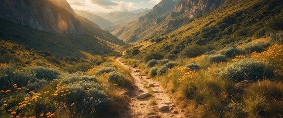 Poster - Scenic Hiking Trail Through Lush Green Valley Surrounded By Mountains And Wildflowers Under Soft Morning Light
