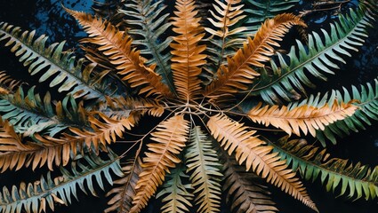 Poster - Beautiful overhead view of a large fern showcasing vibrant green fronds and dry brown leaves at the center on a dark background.