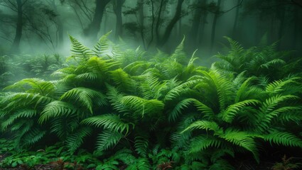Poster - Lush ferns creating intricate patterns in a misty forest setting with a vibrant green background showcasing nature's serenity.
