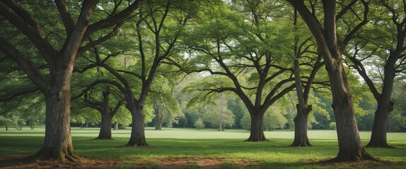 Poster - Lush green forest landscape with spacious area for text placement and vibrant tree canopy creating a serene natural setting.