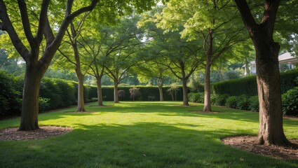 Poster - Tranquil Garden Scene with Lush Green Trees and Ample Copy Space for Text or Branding