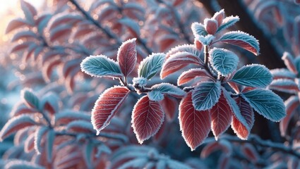 Wall Mural - Frost-covered almond leaves in a winter landscape showcasing beautiful macro details and a serene cold atmosphere.