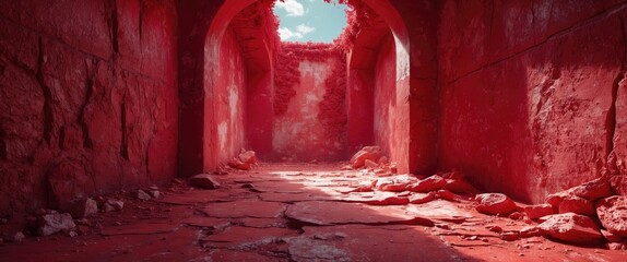 Poster - Rugged red textured walls with cracked floor and archway illuminating a dramatic and atmospheric interior space