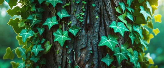 Poster - Tree trunk covered in lush green ivy leaves showcasing nature's beauty and the harmony between wood and foliage.