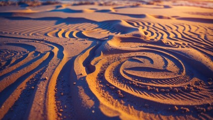 Poster - Natural patterns in sand dunes illuminated by soft sunlight creating an abstract landscape in warm tones.