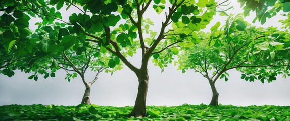 Poster - Lush green trees with vibrant leaves on a serene white background creating a calming and refreshing natural scene.