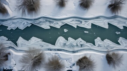Poster - Aerial view of a frozen river surrounded by snow showcasing intricate ice formations and patterns in winter scenery.