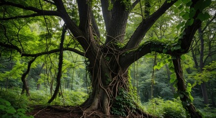 Poster - Majestic tree with thick green vines in a lush forest showcasing nature's beauty and tranquility in a serene woodland setting.