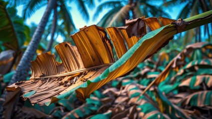 Poster - Dried banana leaf close-up showcasing rich textures and hues against a tropical backdrop with palm trees in soft focus.